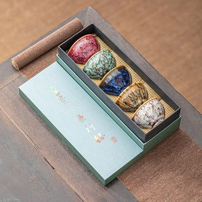 Jianzhan Ceramic Tea Cups Set of 5 – Handmade Kiln-Changed Glazed Kung Fu Teacups, Traditional Chinese Porcelain, Unique Gift for Home Office Business