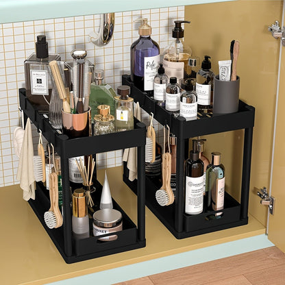 Under Sink Storage Organizer Set of 2 with Dual-Tier Sliding Baskets and 8 Hooks in Three Colors