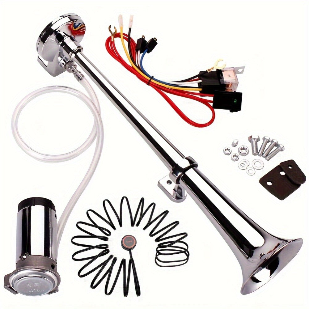 Air Horn Kit for Trucks – Super Loud 18" Single Trumpet Train Horn with Compressor, 12V/24V Universal Fit for Truck, Car, SUV, Jeep – Chrome & Black