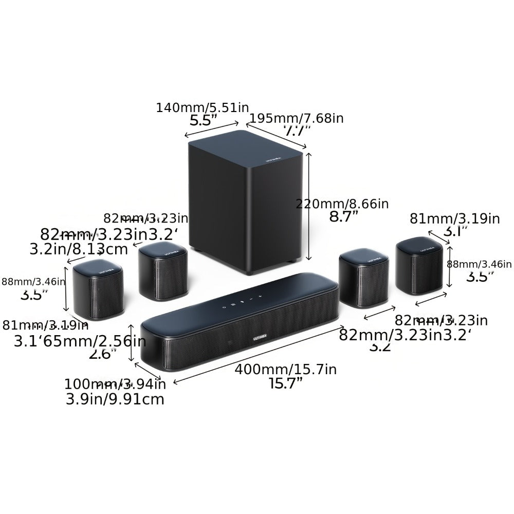 5.1 Surround Sound Bar System with Wired Subwoofer 2 Surround Speakers App Control SurroundX Technology 6 EQ Modes Optical AUX Home Theater TV Soundbar for Smart TV
