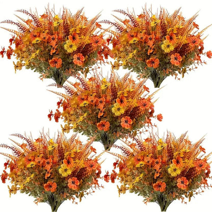Artificial Autumn Flower Stems, Eight-Piece Set with Four Floral and Foliage Designs in Mixed Colors