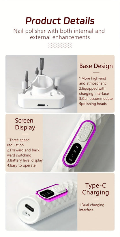 Electric Nail Drill 20000 RPM Portable E-File with Digital Display, Accessory Bits and White Finish
