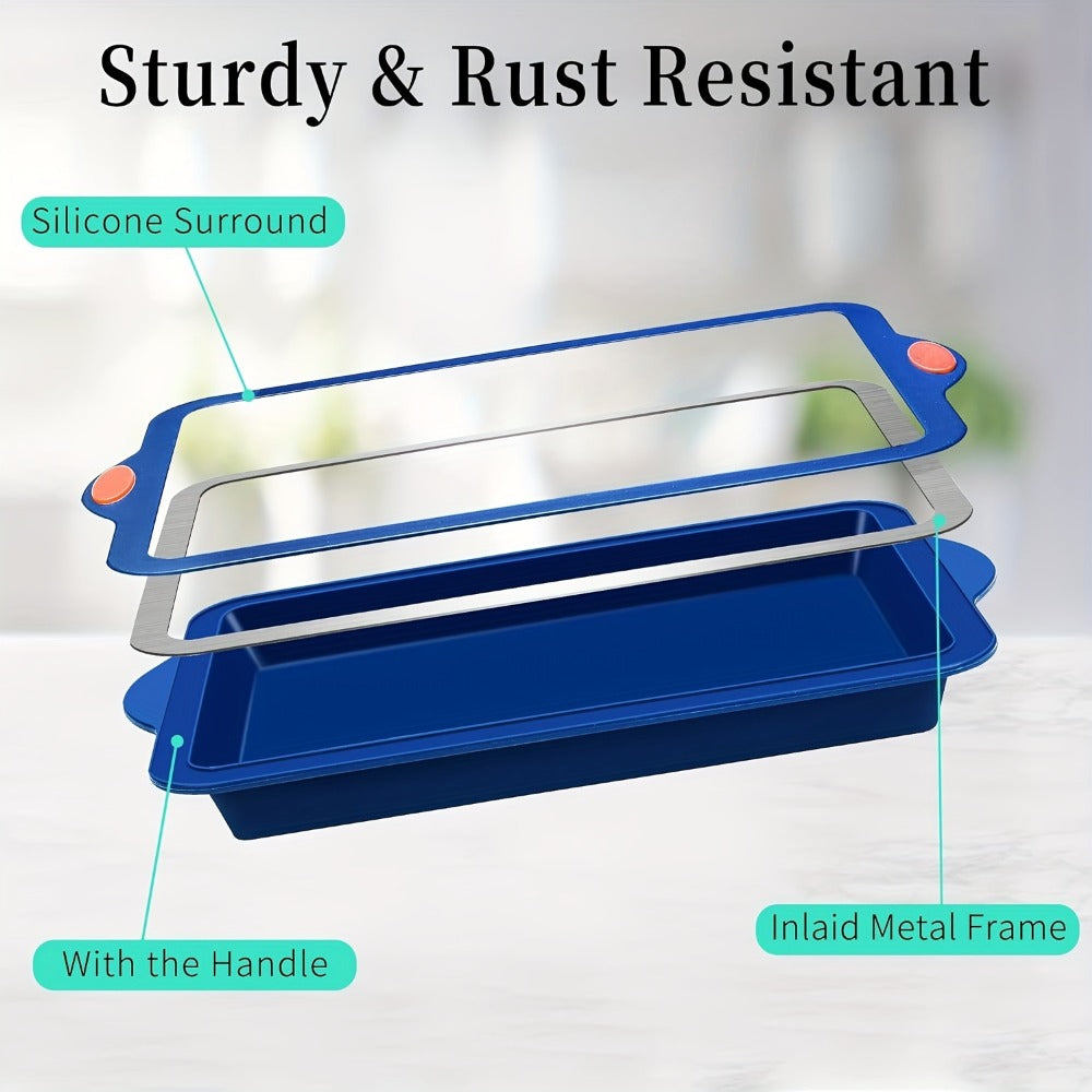 Silicone Baking Pans Set 4-Piece – Nonstick Bakeware with Metal Reinforced Frame, Includes Baking Sheet, Cookie Sheet & Cake Pan with Grips, Oven Safe, Easy Release – Navy Blue & Light Gray