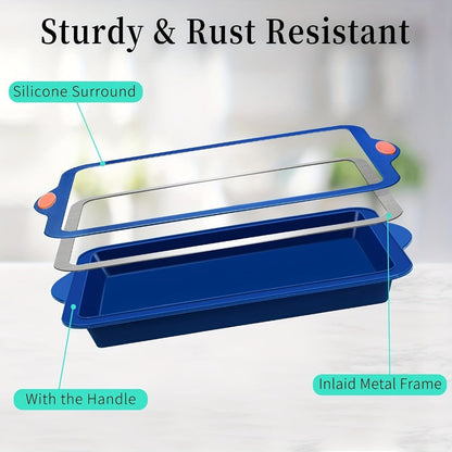 Silicone Baking Pans Set 4-Piece – Nonstick Bakeware with Metal Reinforced Frame, Includes Baking Sheet, Cookie Sheet & Cake Pan with Grips, Oven Safe, Easy Release – Navy Blue & Light Gray