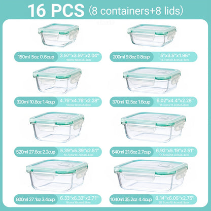 Food Storage Container 16-Piece Glass Set with Eight Containers, Vented Lids and Silicone Sealing Rings