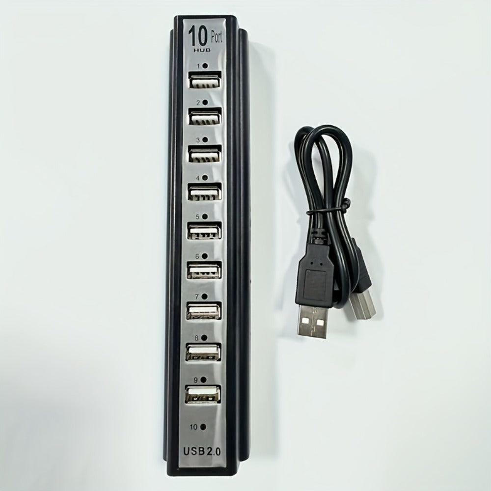 Black 10-Port USB 2.0 Hub with USB-A Host Cable, Numbered Ports and DC Power Input for Desktop Expansion