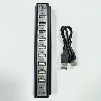 Black 10-Port USB 2.0 Hub with USB-A Host Cable, Numbered Ports and DC Power Input for Desktop Expansion