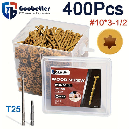 400pcs #10 x 3-1/2" Torx Wood Screws Rust Resistant Yellow Ceramic Coating – Flat Head Fully Threaded Self-Tapping Screws for Wood Fastening Decking & Construction