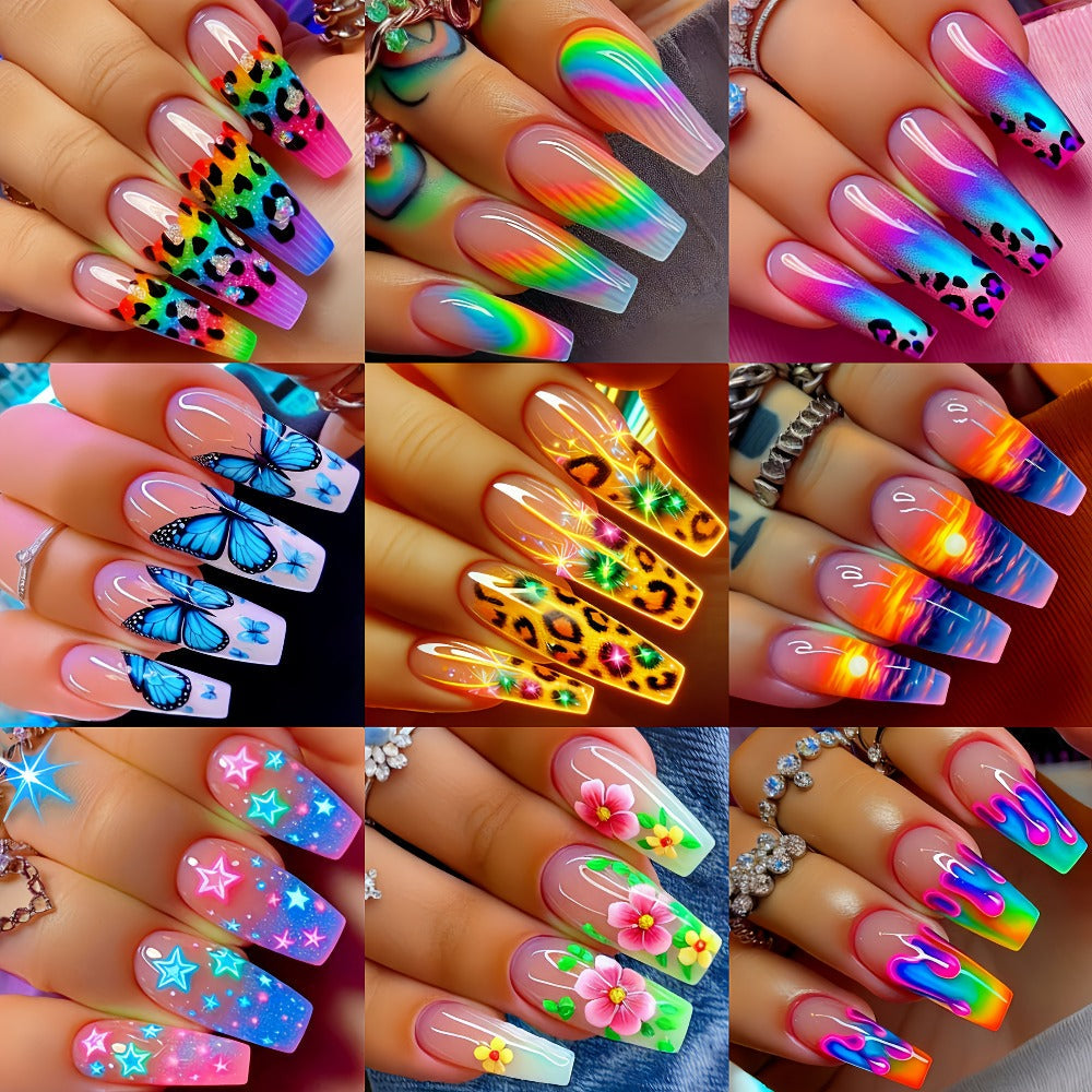 Glossy Full-Cover Nail Art Stickers, 216 Pieces in Nine Packs with Ballet, Leopard, Floral and Butterfly Designs