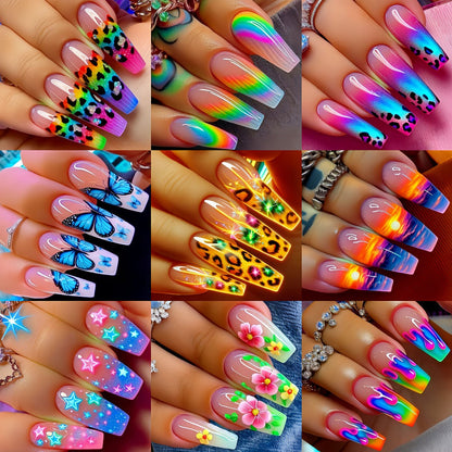 Glossy Full-Cover Nail Art Stickers, 216 Pieces in Nine Packs with Ballet, Leopard, Floral and Butterfly Designs
