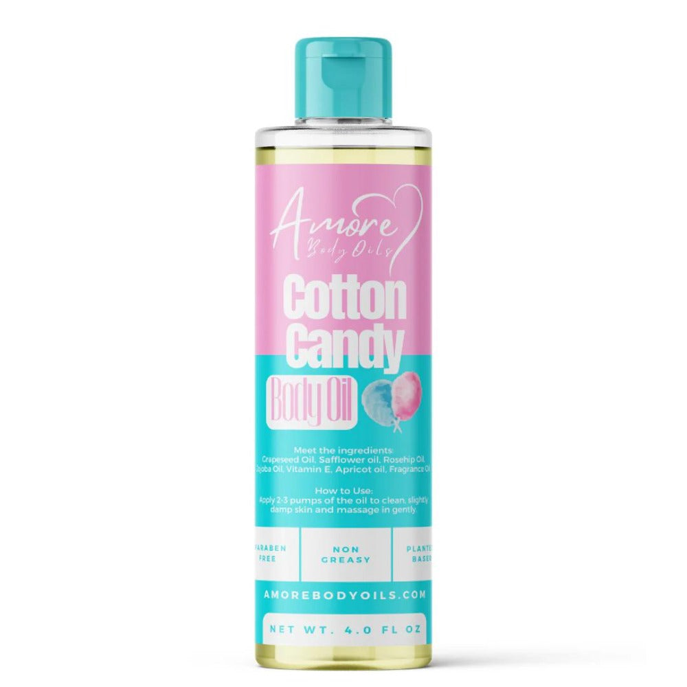 Cotton Candy Fragrance Body Oil in a Pink 4 fl oz Pump Bottle with Strawberry, Raspberry and Vanilla Notes