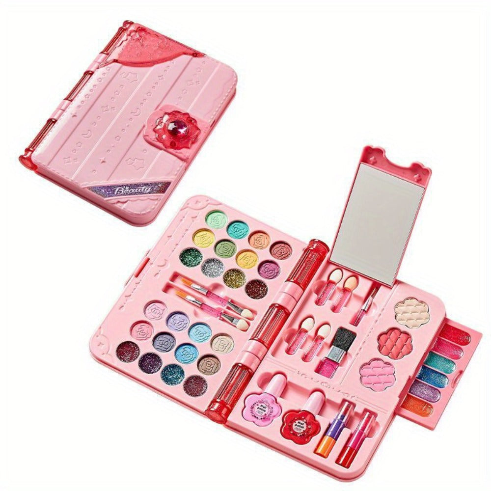 Kids Washable Makeup Set with Mirror — Princess Makeup Case for Girls, Birthday & Halloween Gift, Safe Non-Toxic Cosmetic Play Set for Children