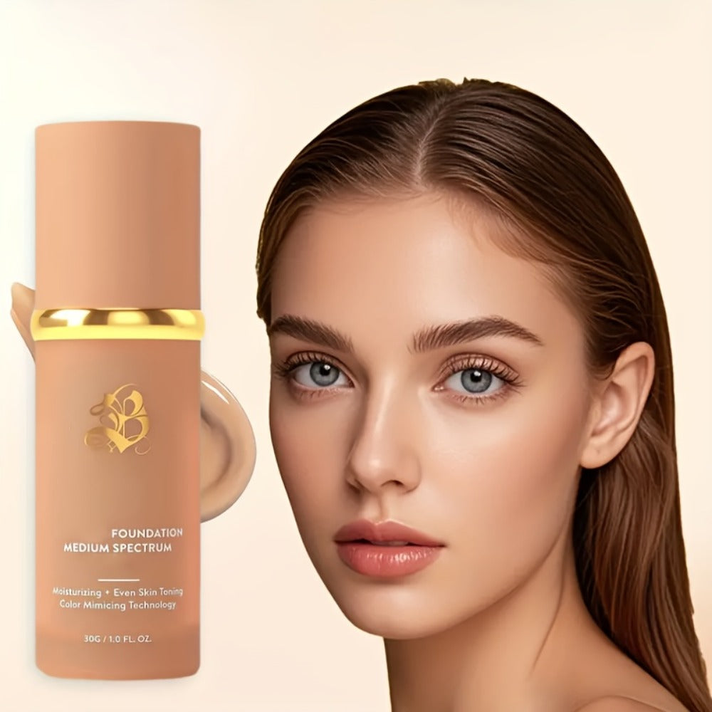 Color-Shifting Liquid Foundation and Flat-Top Brush Kit with Natural Finish and Buildable Coverage