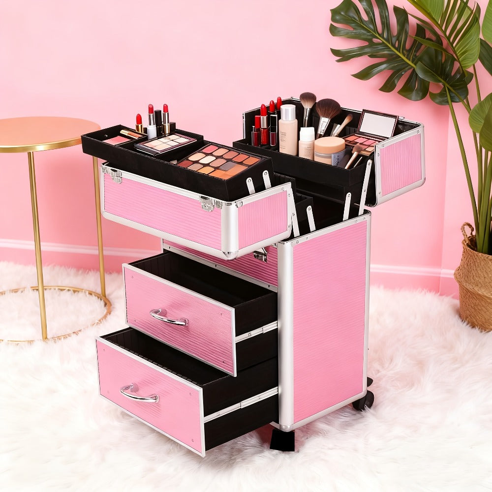 Pink Four-Tier Rolling Makeup Train Case with Fold-Out Top Trays, Two Drawers and Telescoping Handle
