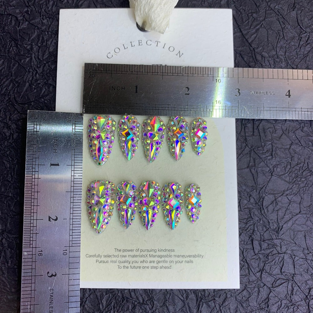 Press On Nails 10-Piece Medium Almond Glitter Color-Block Set with AB Crystal Rhinestones and Tool Kit
