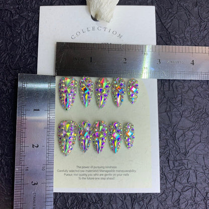 Press On Nails 10-Piece Medium Almond Glitter Color-Block Set with AB Crystal Rhinestones and Tool Kit