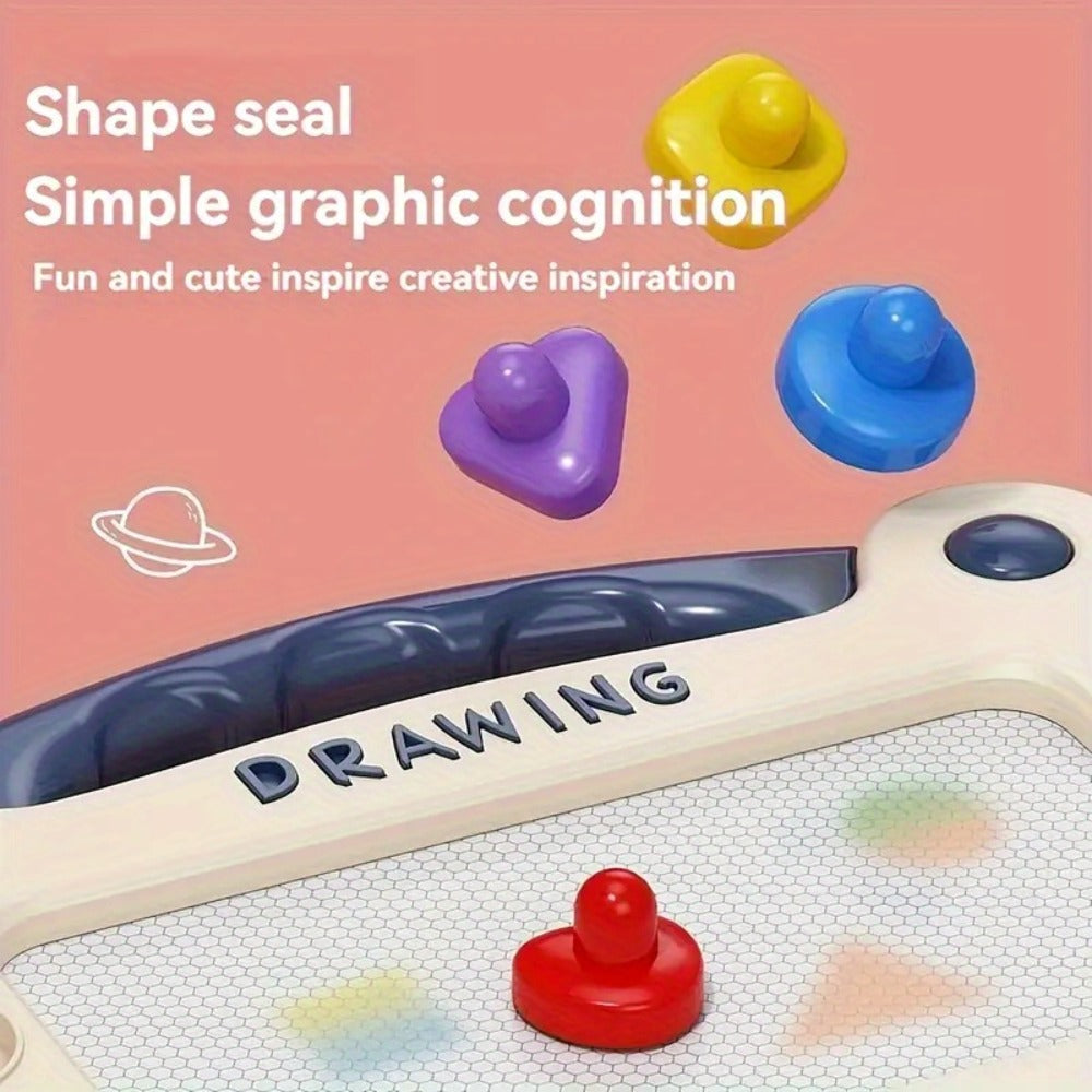 Portable Kids Magnetic Drawing Board with Four Shape Stamps, Tethered Stylus, Carry Handle and Slide Eraser