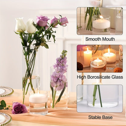 Clear Glass Cylinder Vase Set in 18- or 24-Piece Configurations with 4, 8 and 12-Inch Heights
