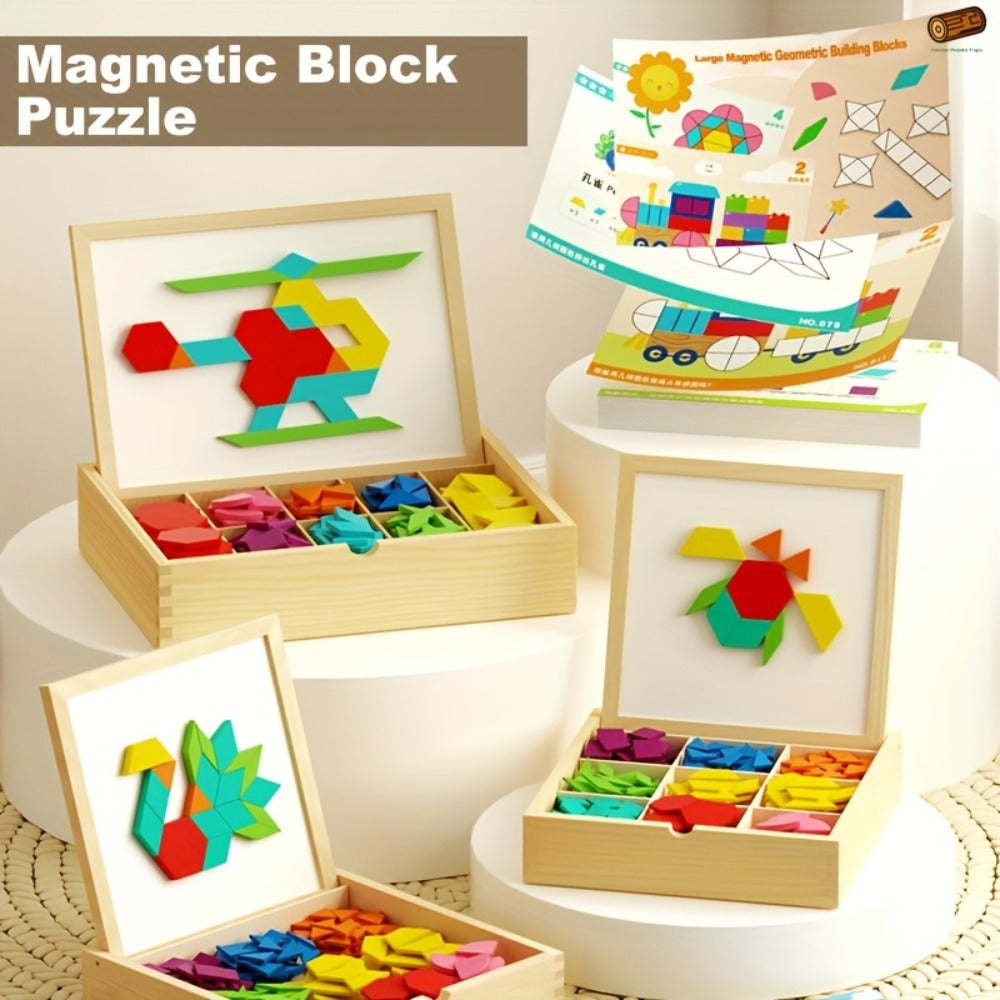Magnetic Wooden Puzzle Blocks 128 180 220 Piece Set, Geometric Figures Cognitive Learning STEM Toy for Kids