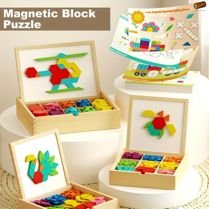 Magnetic Wooden Puzzle Blocks 128 180 220 Piece Set, Geometric Figures Cognitive Learning STEM Toy for Kids