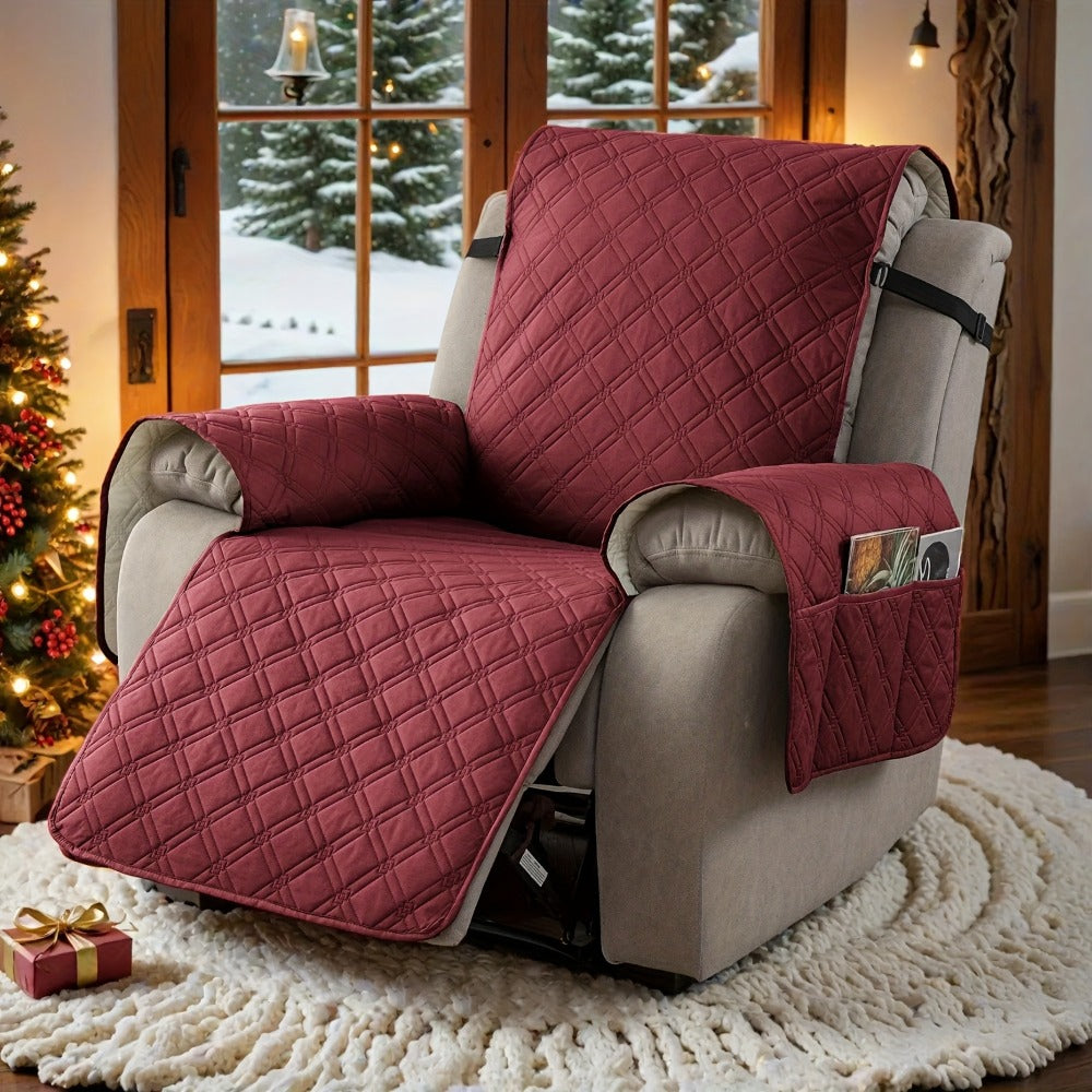 Quilted One-Piece Recliner Chair Cover with Side Pockets, Back Buckle Strap and 11 Color Options