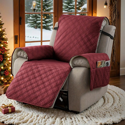 Quilted One-Piece Recliner Chair Cover with Side Pockets, Back Buckle Strap and 11 Color Options