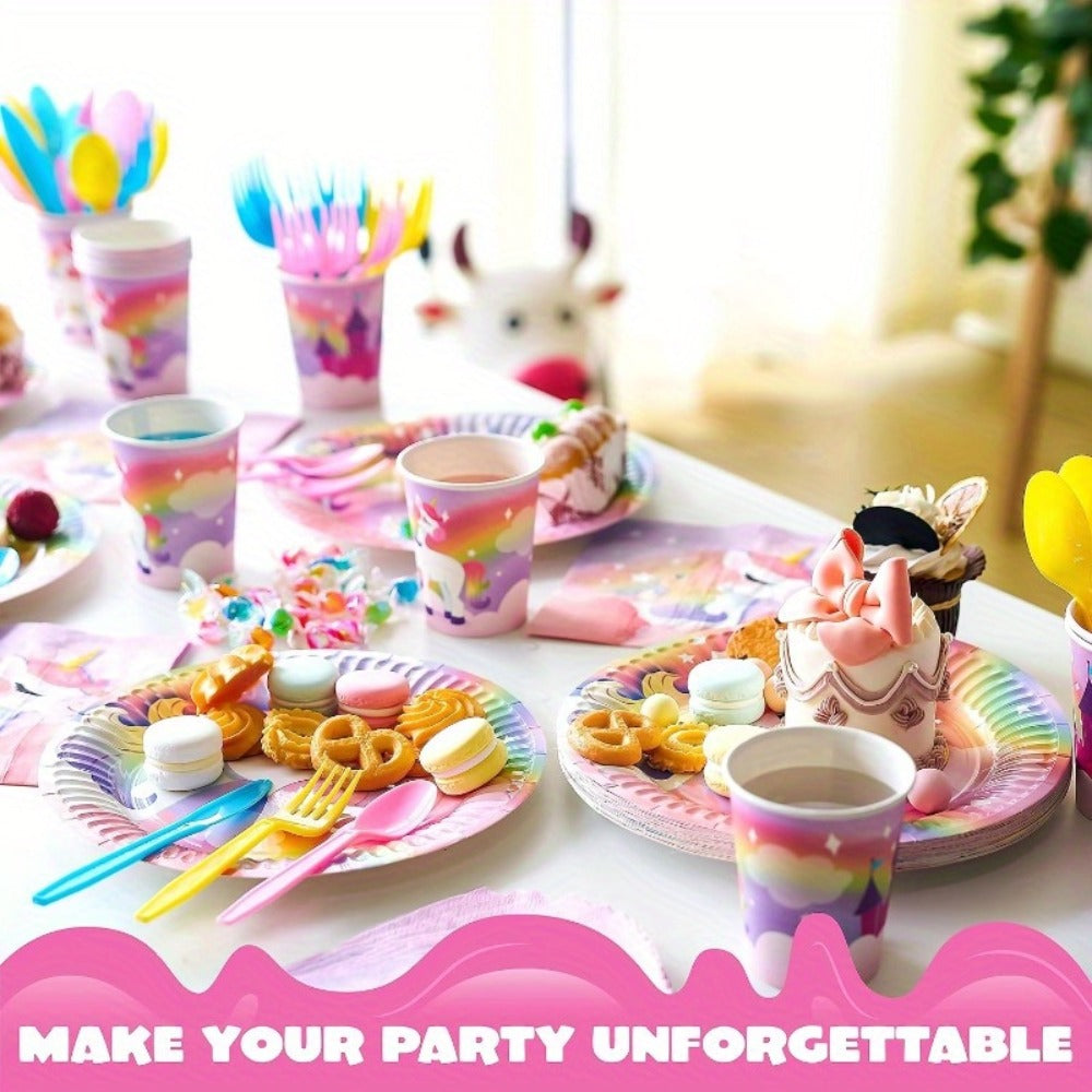 Unicorn Tableware Party Supplies Set with 145 Pieces for 24 Settings, Cups, Cutlery and Banner