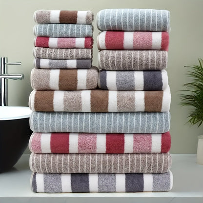 Coral Fleece Towel Set 9 or 15 Piece No Hair Loss 320GSM - Super Soft Absorbent Two-Color Striped | 2 Bath 2 Face 5 Hand Towels | Gray Brown Red Green Blue Mixed | Bathroom Beach Essentials
