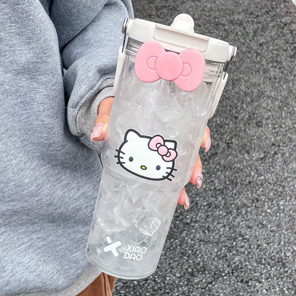 Hello Kitty Water Bottle with Straw 30 Oz – Large Capacity Cartoon Tumbler for Women & Girls – Portable Outdoor Sports Cup with Bow & Sticker – Cute Kawaii Plastic Drinkware Gift