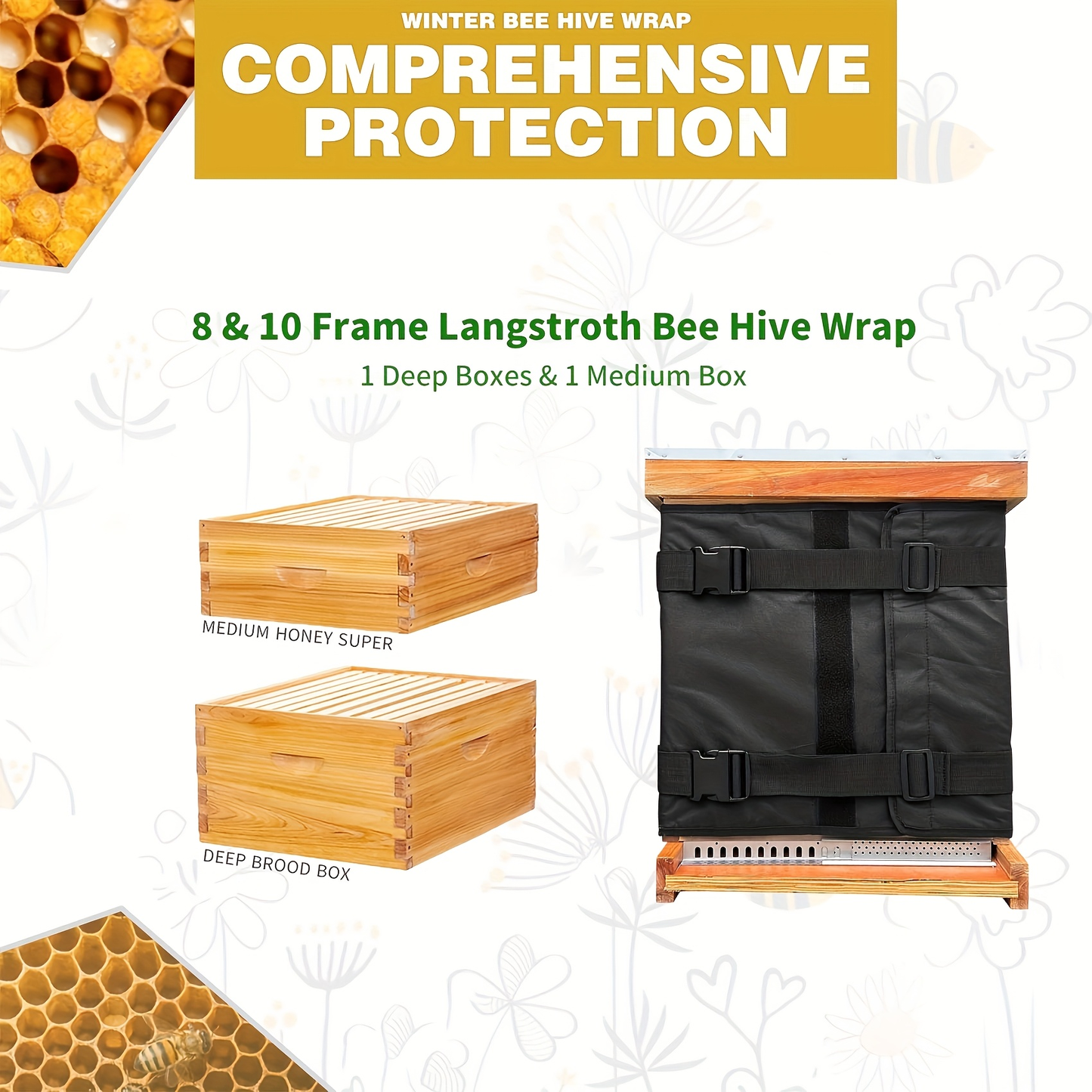 Black Beehive Winter Insulation Wrap with Adjustable Buckle Straps in 192 x 40 or 60 cm Sizes
