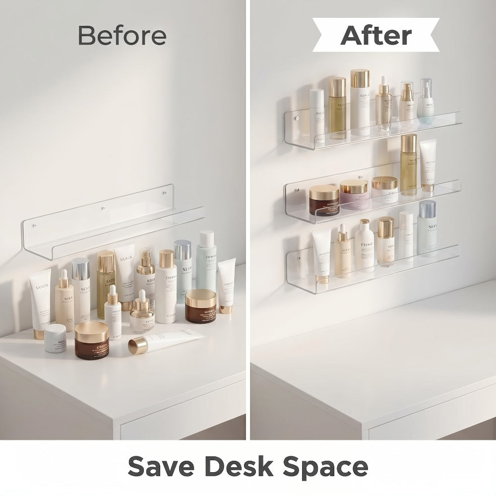 Clear Acrylic Wall Display Shelf Set in 15 x 4-Inch Size with 4, 8 or 16 Shelves and Mounting Hardware