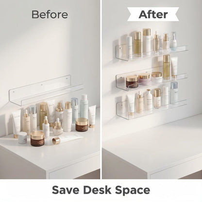 Clear Acrylic Wall Display Shelf Set in 15 x 4-Inch Size with 4, 8 or 16 Shelves and Mounting Hardware