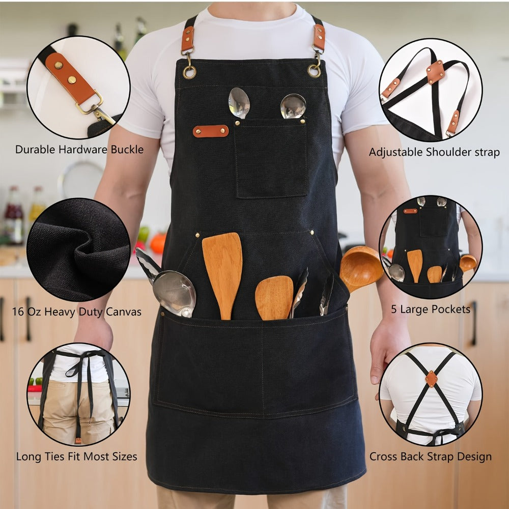 Black Crossback Canvas Work Apron, 27 x 32 Inch Bib with Three Utility Pockets and Long Straps for Kitchen or Workshop