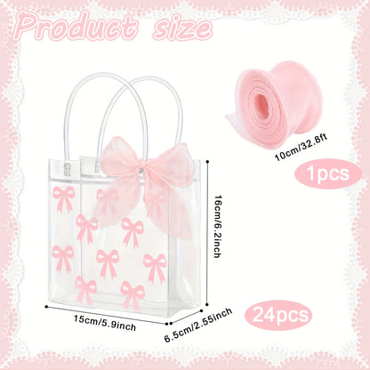Gift Bag Set Clear PVC, 24 Transparent Tote Bags with Pink Bow Handles and One 32.8-Foot Ribbon Roll