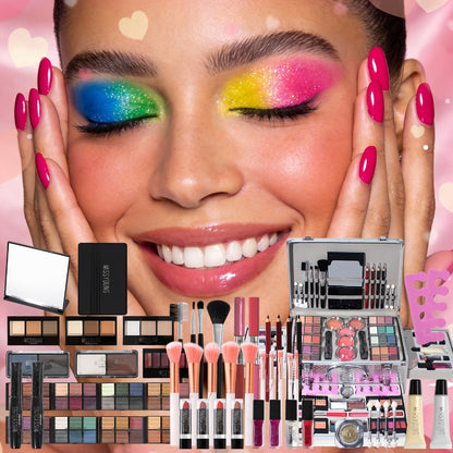 106-Piece Makeup Case Set with Red or Silver Carry Case, Fold-Out Color Palettes, Lip Products and Ten Makeup Brushes