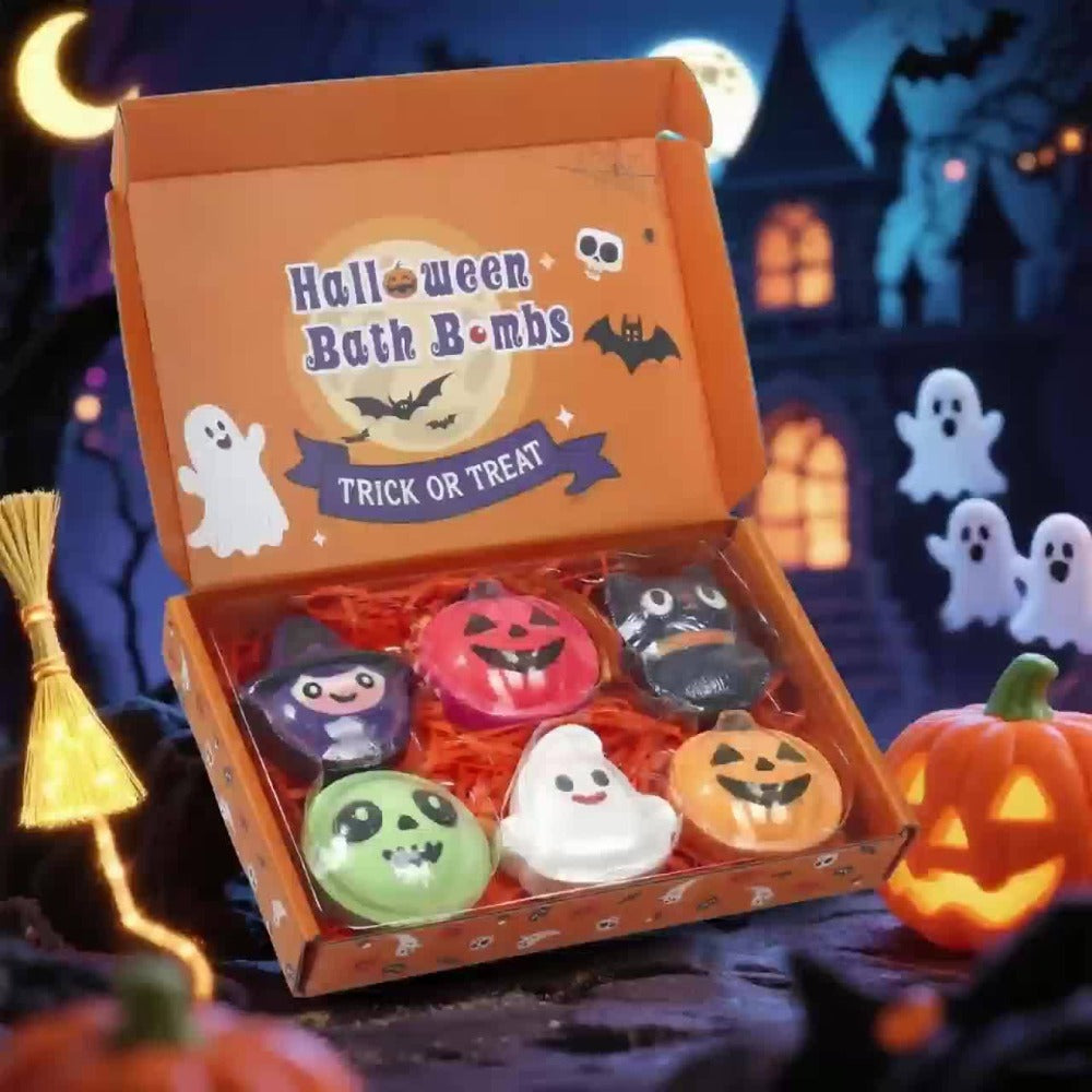 Bath Bombs, 5-Piece Halloween Gift Set with Pumpkin, Bat, Skull, Hat and Cat Shapes in Individual Wrappers