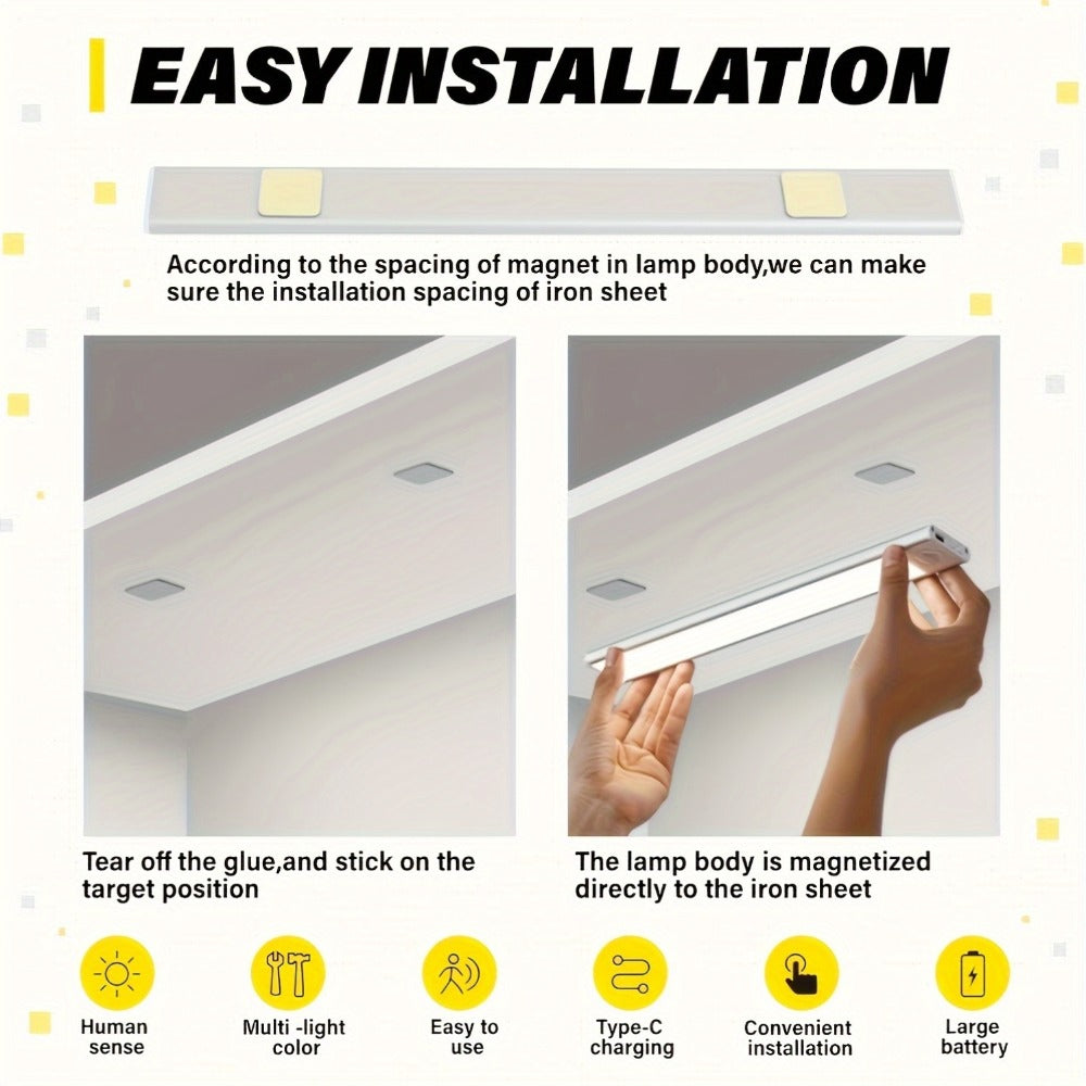 LED Motion Sensor Light USB-C Rechargeable 3 Color Temperatures Stepless Dimming Wireless Magnetic Under Cabinet Closet Night Light 1 2 4 Pack 20cm 30cm 40cm 50cm