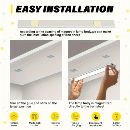LED Motion Sensor Light USB-C Rechargeable 3 Color Temperatures Stepless Dimming Wireless Magnetic Under Cabinet Closet Night Light 1 2 4 Pack 20cm 30cm 40cm 50cm
