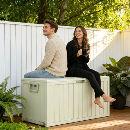 75-Gallon Outdoor Storage Box with Hinged Lid, Side Grips, Small Wheels and Three Color Options