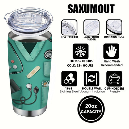 20oz Nurse Medical-Kit Graphic Tumbler with Clear Lid, Metal Straw and Rose Red, Green or Purple Colors