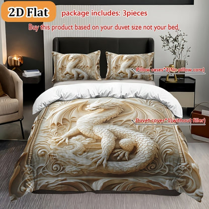3-Piece Duvet Cover Set with Ivory Coiled Dragon Print, Ornate Carved-Look Artwork and Four Sizes