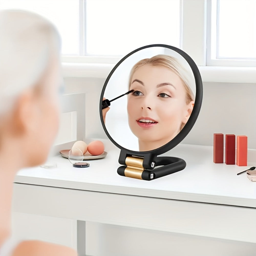 Makeup Mirror Dual-Sided 1X and 50X Handheld Round Compact with Folding 360° Handle in Black or White