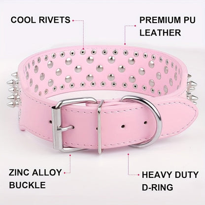 Wide Studded Dog Collar with Faux-Leather Band, Metal Spikes and Rivets in Six Colors, Sizes M and L