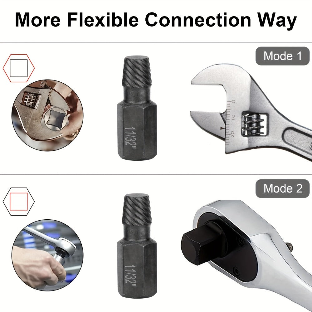 Ten-Piece Screw Extractor Set with Left-Hand Spiral Heads, Hex Drive Ends and Sizes from 1/8 to 13/32 Inch