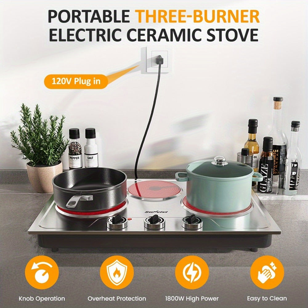 Portable Electric Cooktop Triple Burner 1800W – Royalcraft Countertop Electric Stove with Knob Control, Indicator Light, Compatible with All Cookware, Silver