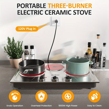 Portable Electric Cooktop Triple Burner 1800W – Royalcraft Countertop Electric Stove with Knob Control, Indicator Light, Compatible with All Cookware, Silver