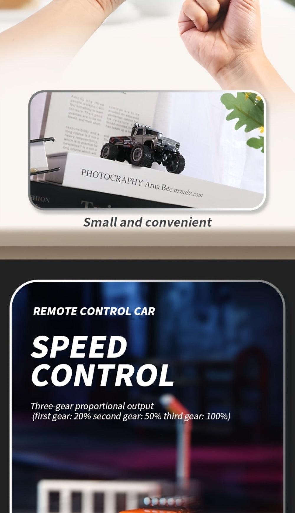 Mini RC Monster Truck 1:64 Scale with Matching Trailer, 2.4GHz Controller, LED Details and Three Color Options