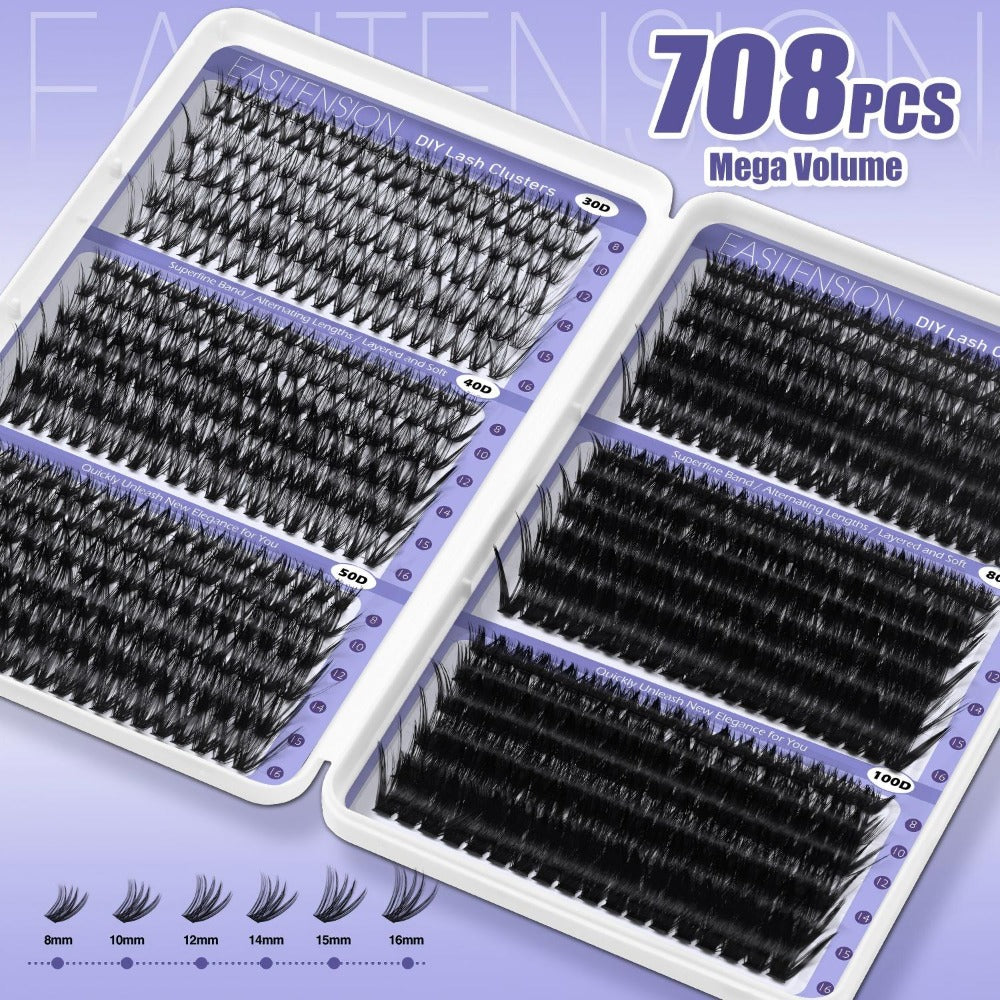 Premade Lash Clusters 708Pcs Mixed Length 30D 50D 80D 100D Wispy Volume Kit – Natural Fluffy DIY Lash Extensions with Bond Seal & Applicator for Everyday, Party, Travel & Event Looks