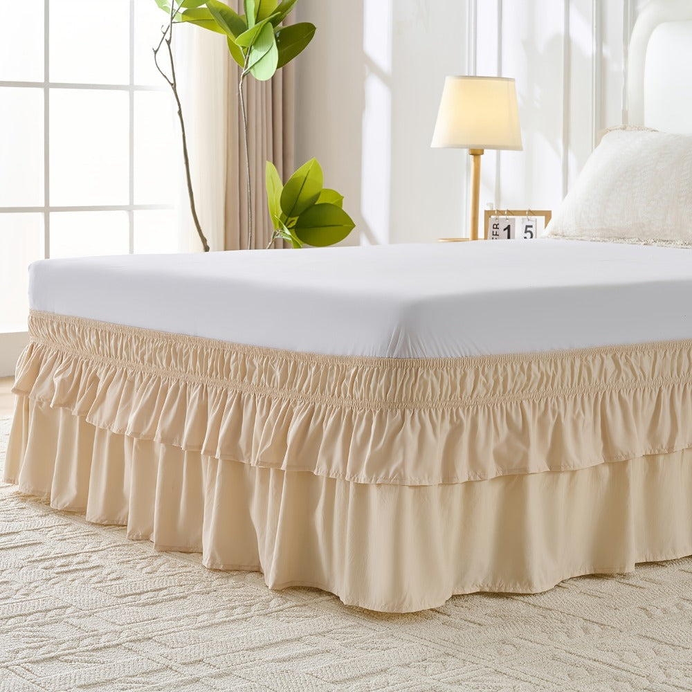 Double Ruffle Bed Skirt 16" Drop | Elastic Wrap Around Dust Ruffle for Twin Full Queen King Bed | Easy Install Machine Washable Soft Linen Poly Blend Bedskirt