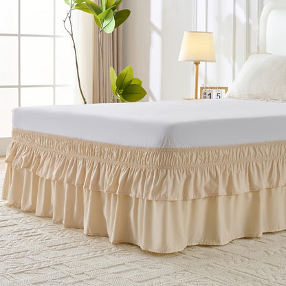 Double Ruffle Bed Skirt 16" Drop | Elastic Wrap Around Dust Ruffle for Twin Full Queen King Bed | Easy Install Machine Washable Soft Linen Poly Blend Bedskirt